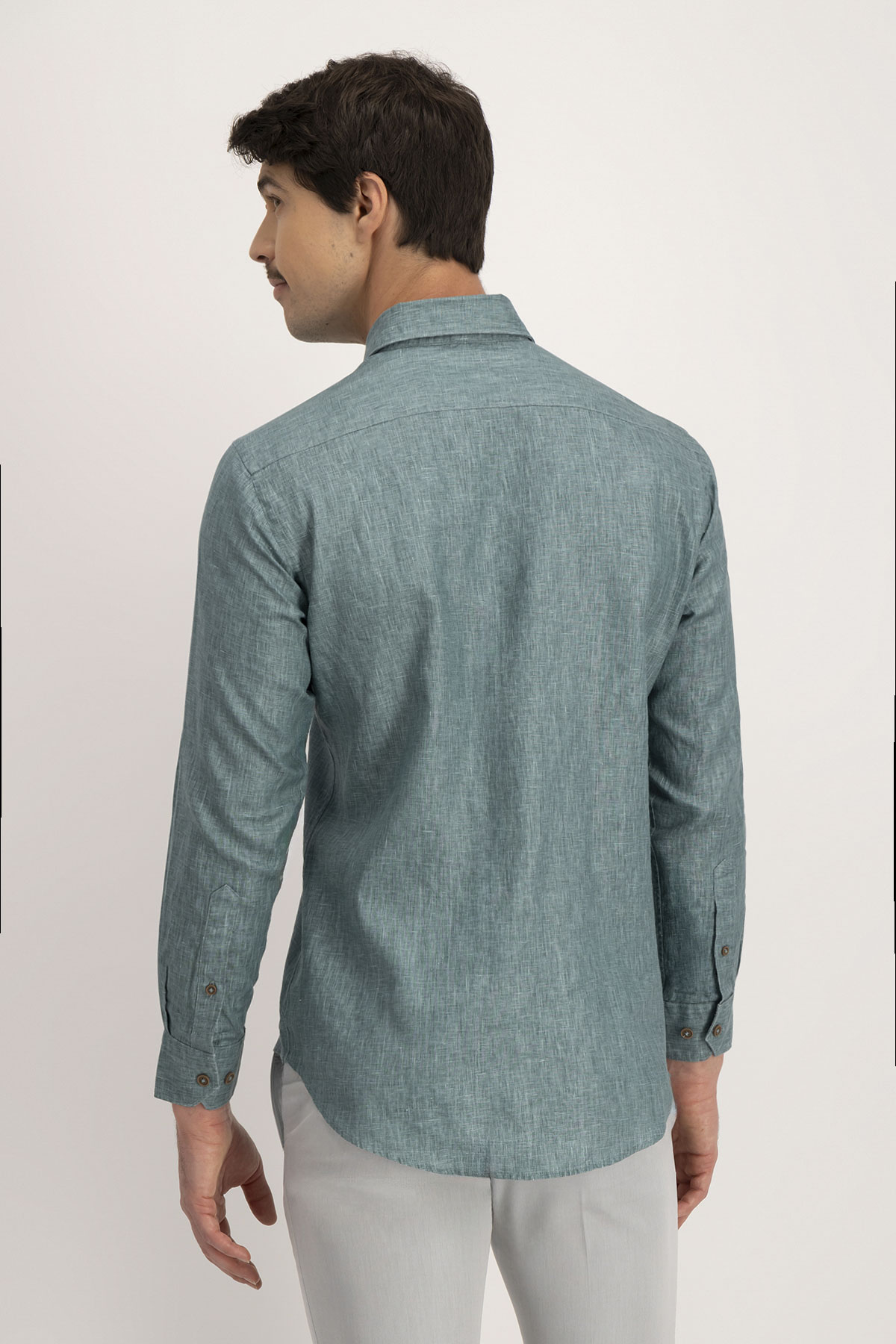 Camisa Casual LINEN Calderoni Verde Oscuro Contemporary Fit