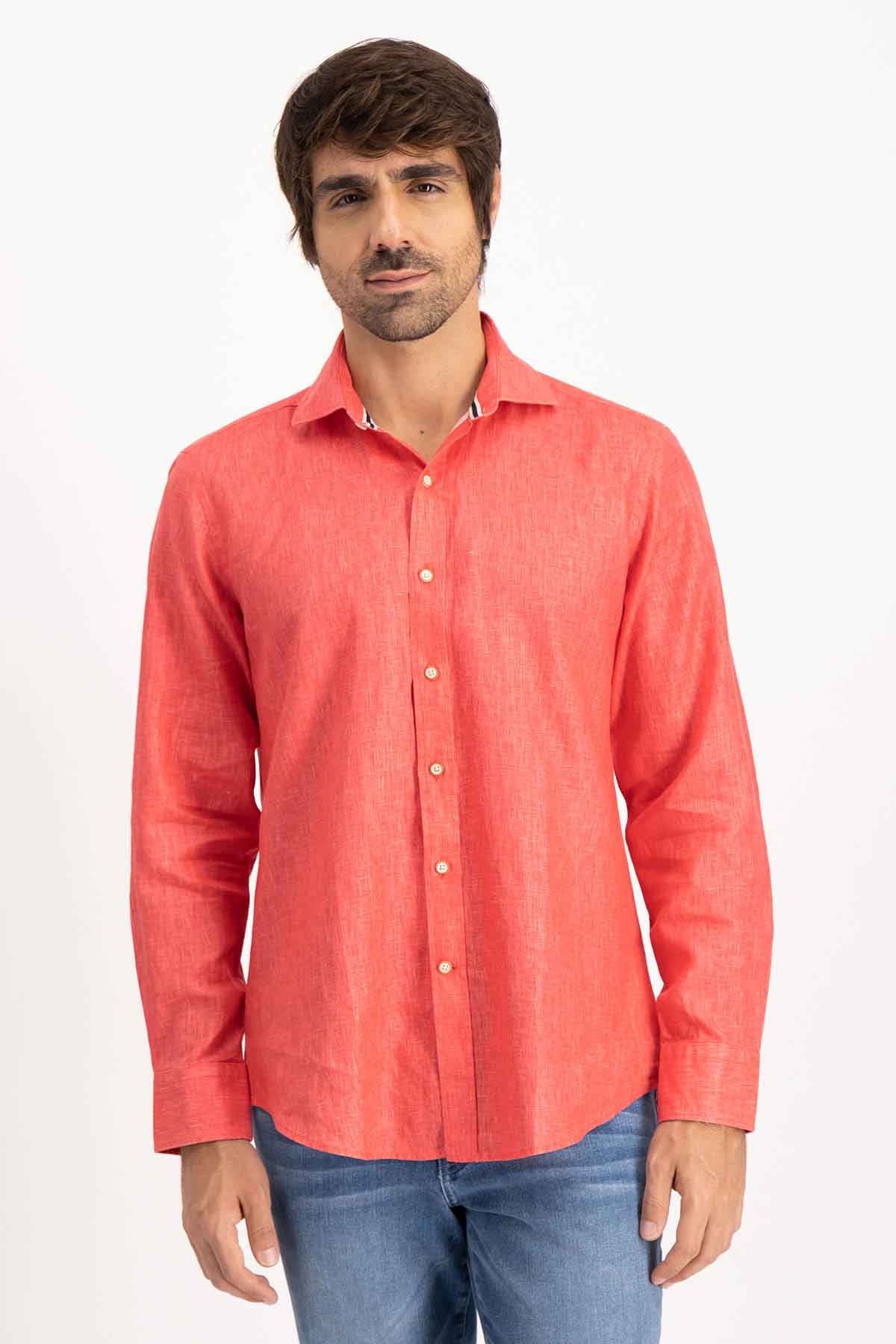 Camisa Linen Paper Touch Calderoni Rojo Slim Fit