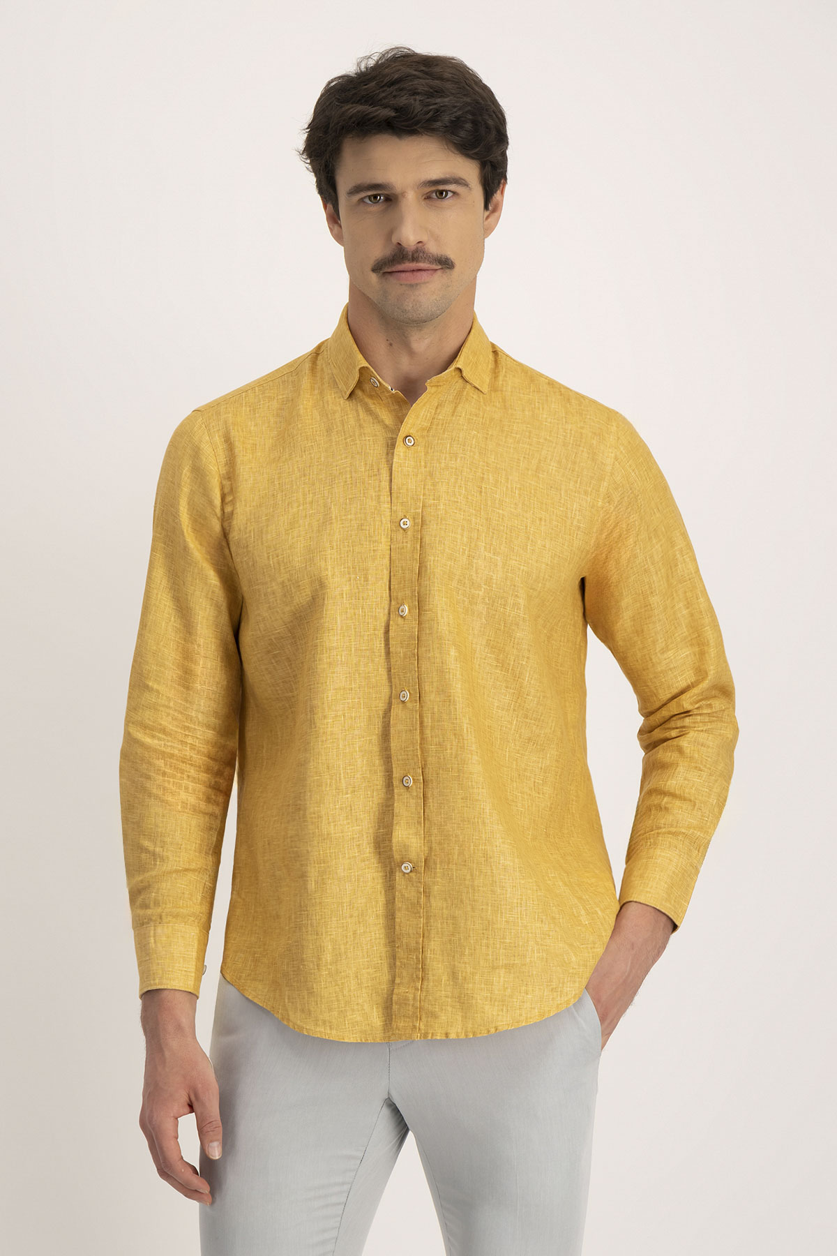 Camisa Casual LINEN Calderoni Amarillo Contemporary Fit
