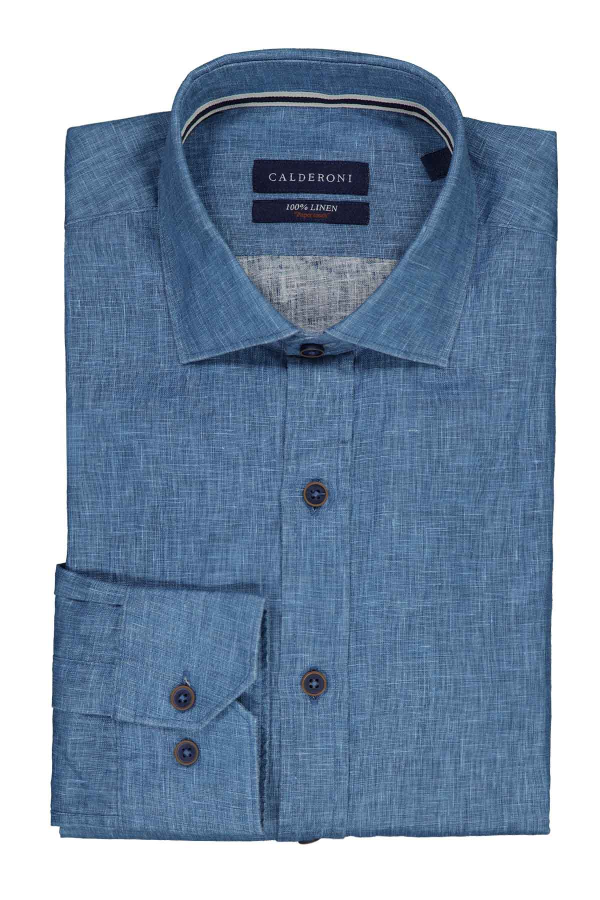 Camisa Casual LINEN Calderoni Azul Contemporary Fit