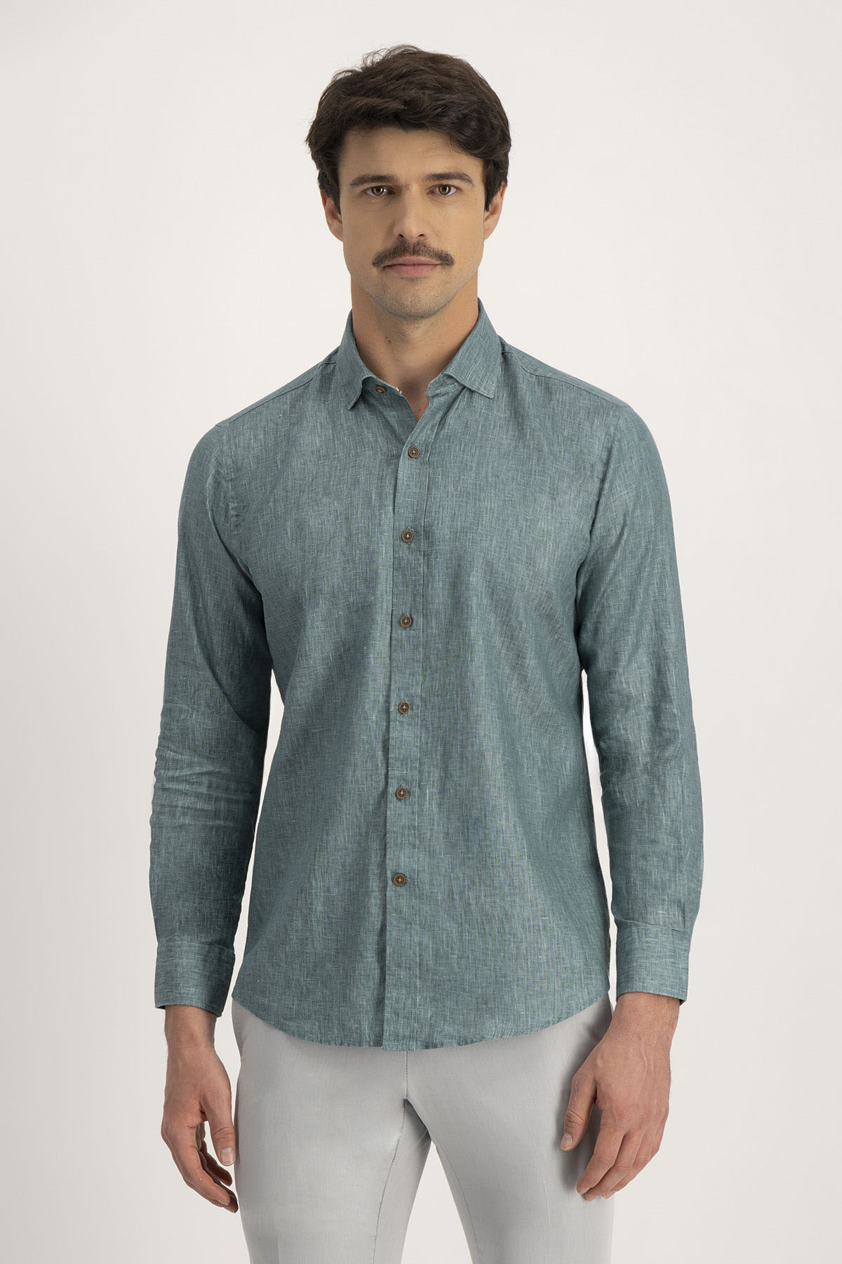Camisa Casual LINEN Calderoni Verde Oscuro Contemporary Fit