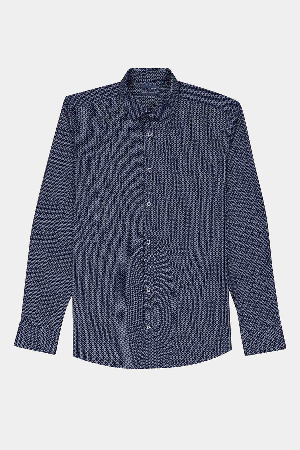 Camisa Knit Mercerized Cotton Calderoni Azul Marino Slim Fit