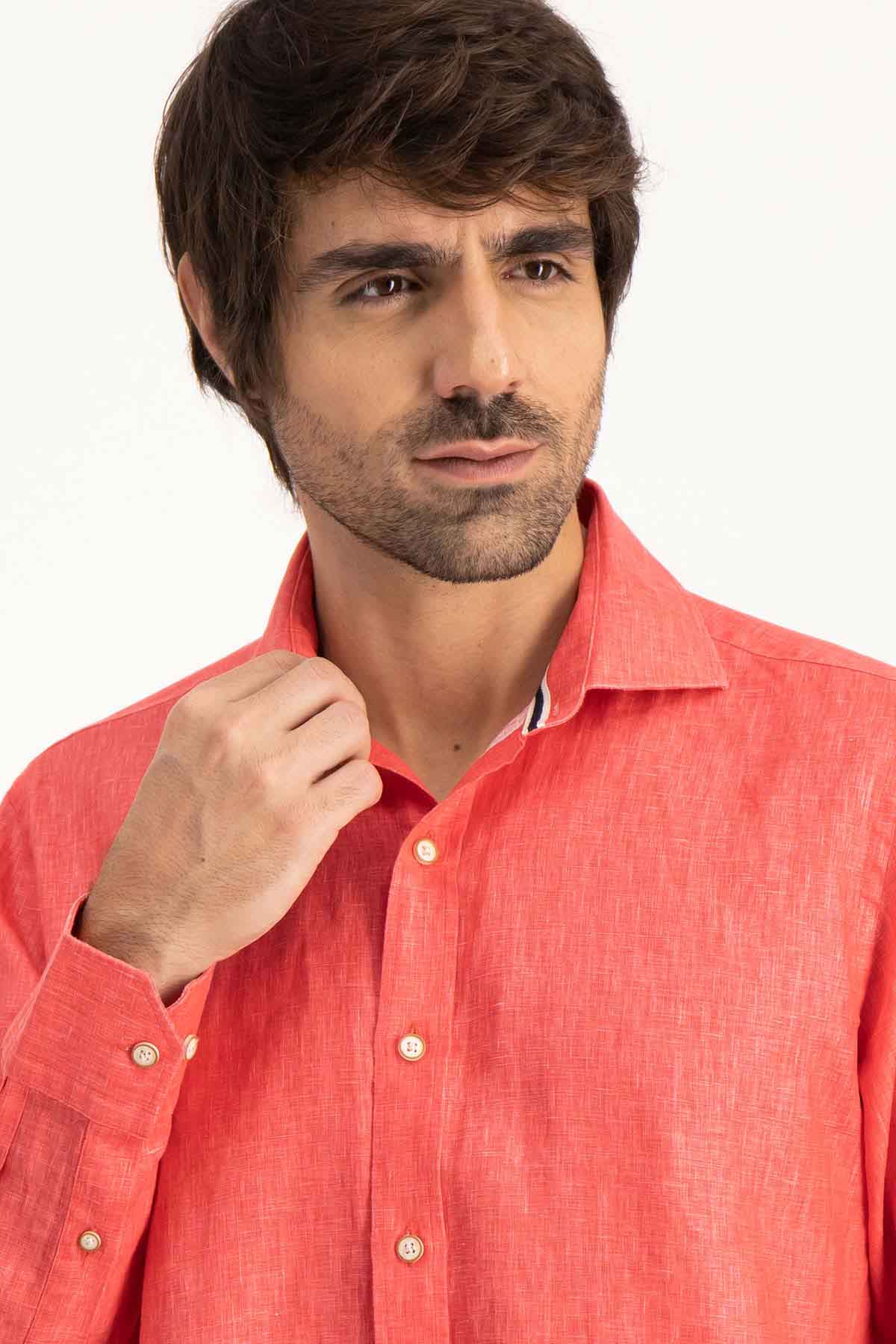 Camisa Linen Paper Touch Calderoni Rojo Slim Fit