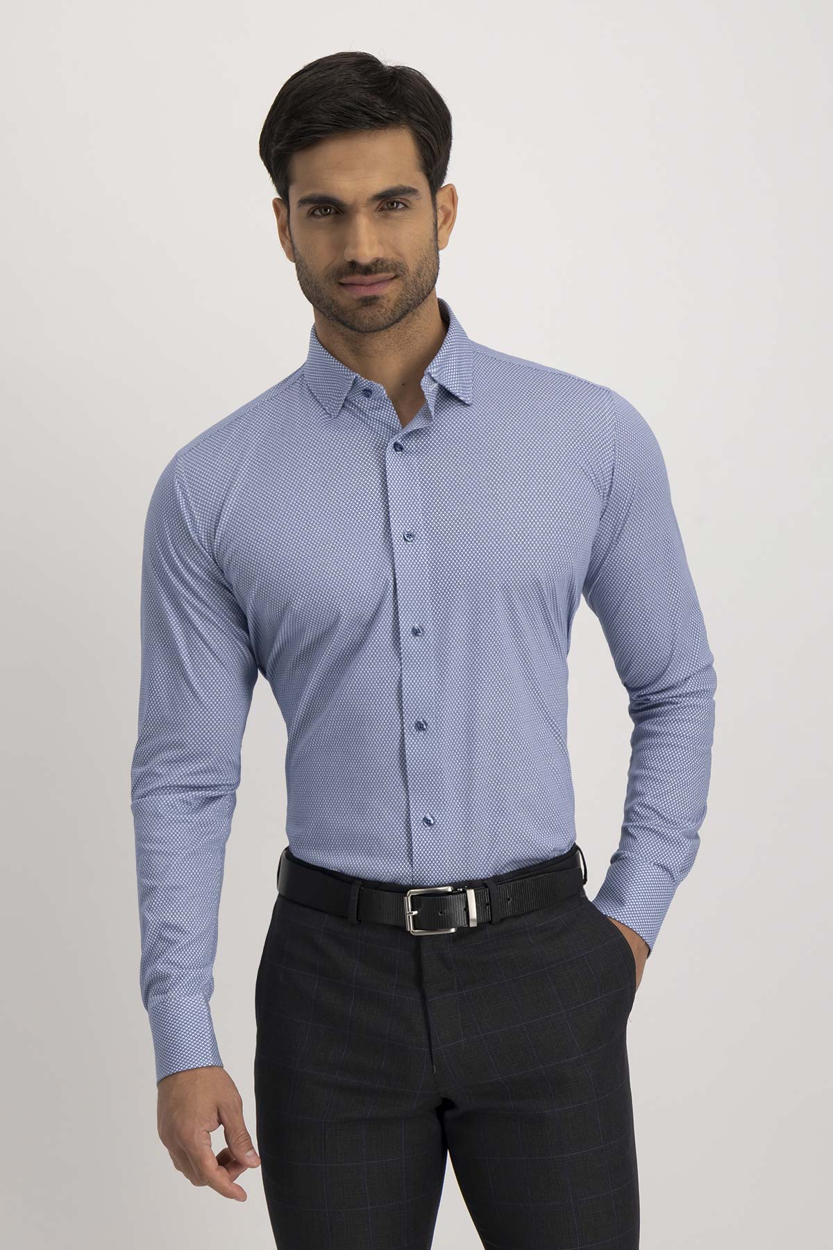 Camisa Formal Knit Calderoni Azul Contemporary Fit