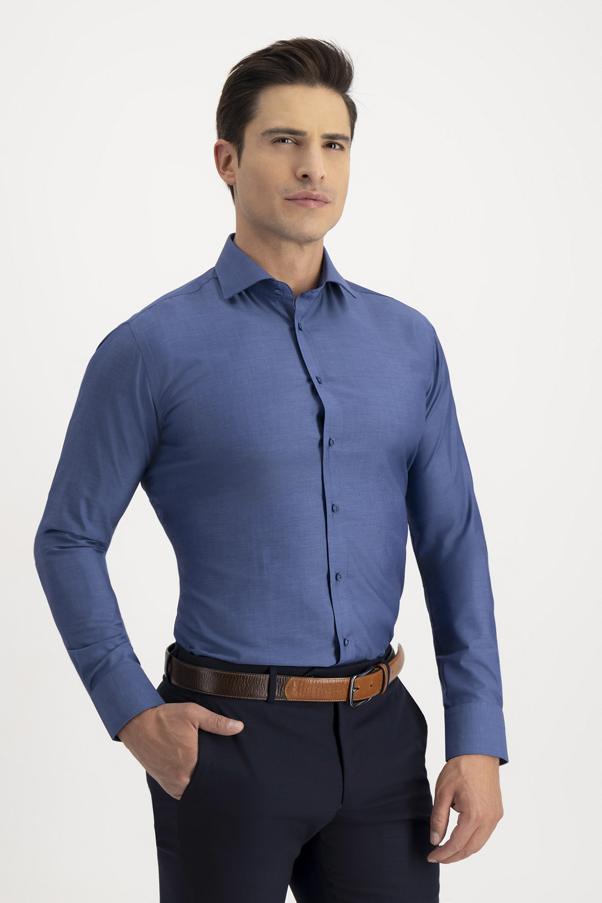 Camisa Formal Silk Protein Contemporary Fit Azul Índigo